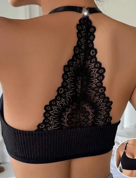 Sujetador negro de encaje, parche y tejido de punto, elegante y encantador francés, cómodo y sexy con espalda descubierta para mujer - Shein - FashionsVida