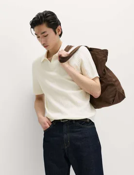 Cotton Rich Rib Texture Open Neck Polo Shirt Ivory male - M&S - FashionsVida
