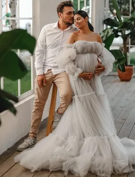 Tulle Women Pregnant Prom Dress For Photo Shoot Sexy Off Shoulder Full Sleeves Bridal Morning Robe Customized Party Gown - Aliexpress - FashionsVida