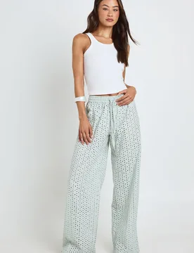 Womens Tall Broderie Low Rise Wide Leg Trouser - Green Linen - Size 8 Uk - Boohoo - FashionsVida