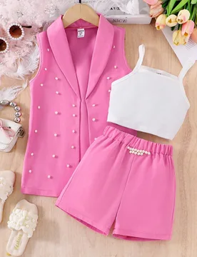 Set formal de 3 piezas para niña: Chaqueta tipo blazer rosa, camiseta de punto decorada con perlas, shorts para niñas, conjunto elegante casual de v - Shein - FashionsVida