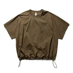 Summer Trendy Outdoor Quick Drying T-shirt Men Adjustable Tie Hem Short Sleeved Top Japanese Loose Casual Chest Pocket T-shirts