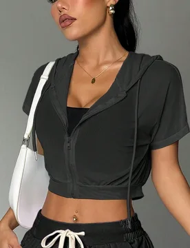 Chaqueta corta con capucha y cremallera de malla transparente para mujer, 1 pieza, ropa deportiva crop top para uso al aire libre, ocio, ir al trabajo - Shein - FashionsVida
