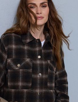 Giacca camicia a quadri con misto viscosa - marrone scuro
