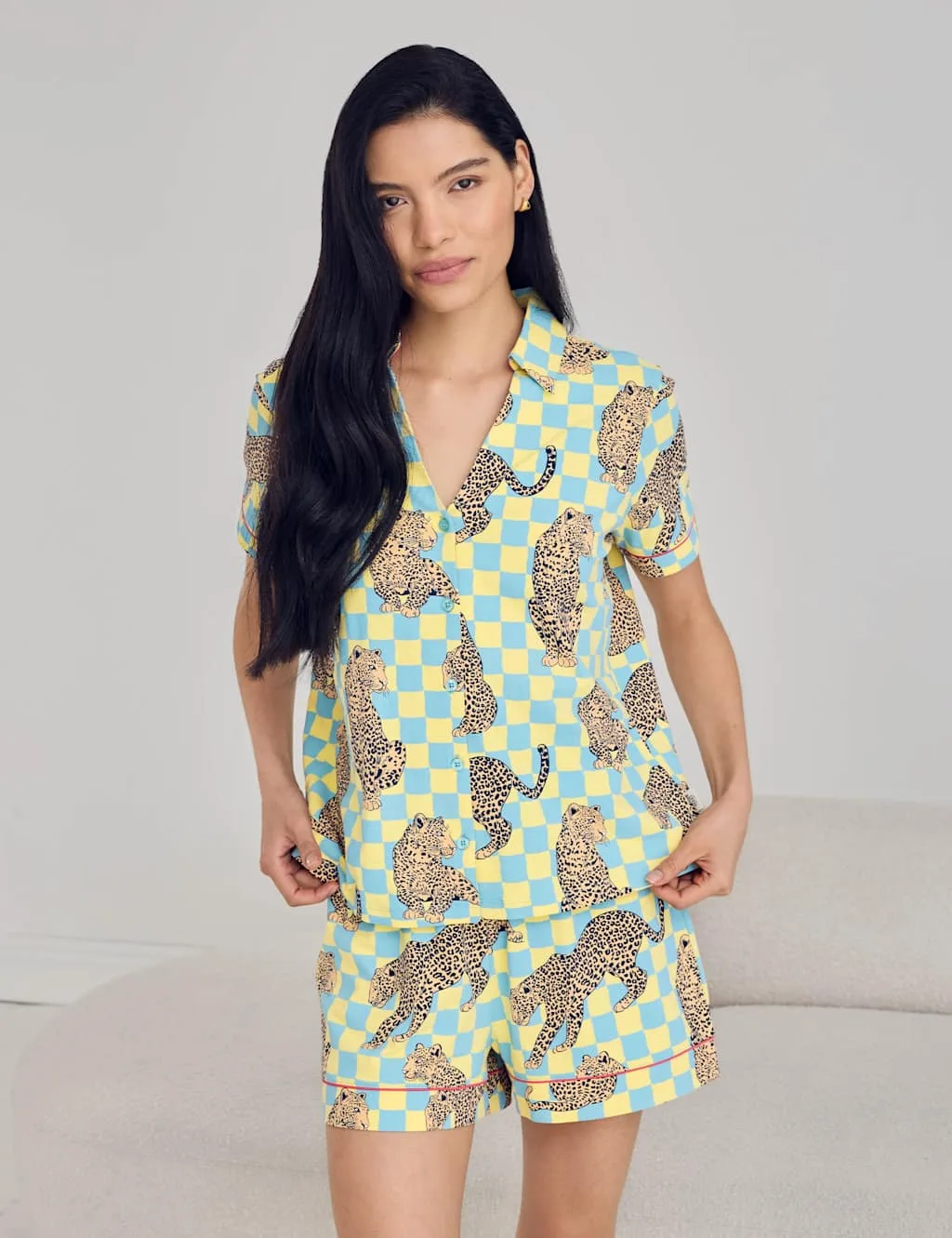 Cotton Rich Leopard Checked Shortie Set Multi female - Chelsea Peers - FashionsVida