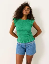 Pure Cotton Shirred Frill Sleeve Top Green female