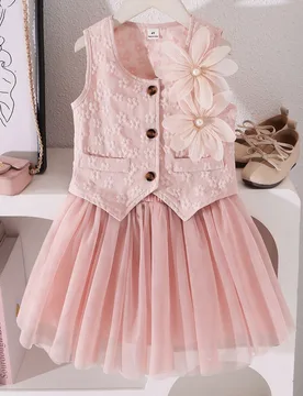 Pcs/Set Conjunto de Chaleco Bordado con Flores 3D Estilo Francés Dulce & Falda de Tul Rosa Abullonada para Niñas Pequeñas, Conjunto Elegante & Deli - Shein - FashionsVida