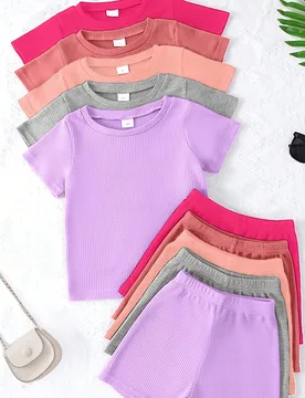 Set de 10 piezas de camiseta de manga corta y shorts de punto de gofre suave y cómodo en unicolor para niñas, conjunto de ropa de verano para uso en - Shein - FashionsVida