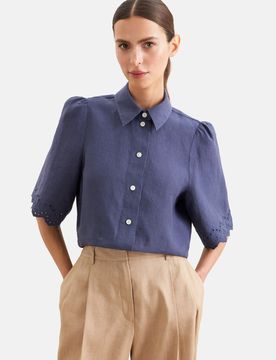 Halbarm Hemdbluse mit Stickerei aus 100% Leinen Blau 40