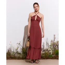Vestido largo escote fruncido