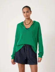 Linen Blend V-Neck Oversized Hoodie Green female