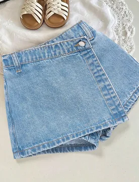 Falda pantalón de mezclilla casual con cintura asimétrica para niña - Shein - FashionsVida