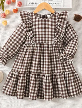 Vestido de franela con volantes y mangas abullonadas para niña pequeña y gemelas, estilo casual y suelto, ideal para uso diario y escolar, a juego c - Shein - FashionsVida