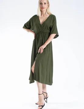 Womens Viscose V Neck Short Sleeve Midi Dress - Khaki - Size: S - Belissh - FashionsVida