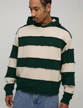 Men's Oversized Boxy Distressed Striped Hoodie Navy Size Small Navy S - boohooMAN - FashionsVida