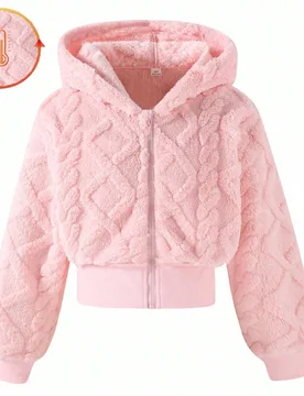 Chaqueta corta con capucha y cremallera de manga larga rosa para niñas preadolescentes, 1 pieza, tela de punto texturizada, otoño, invierno, casual, - Shein - FashionsVida