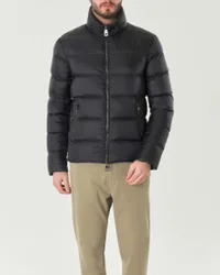 Piumino nero senza cappuccio in nylon opaco imbottito in piuma