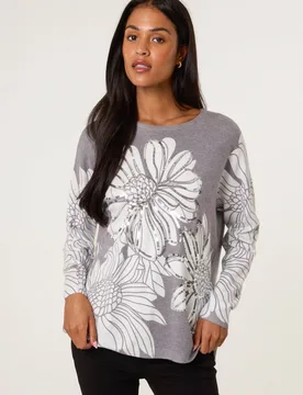 Grey Long Large Sequin Flower Jumper Slip On Round Neck - Grey - Size: S/M - Blue Vanilla - FashionsVida