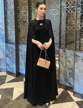 Customized Black O-neck A-line Chiffon Evening Dress With Cape Sleeveless Simple Party Dress Appliques Floor Length Prom Gown - Aliexpress - FashionsVida