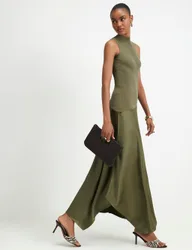Satin Knitted High Neck Maxi Bodycon Dress Khaki female