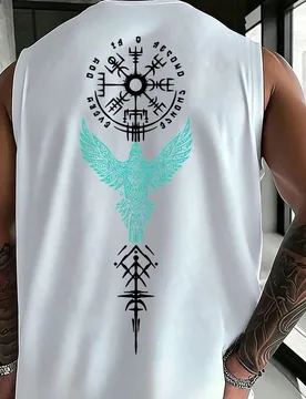 Camiseta de tirantes sin mangas YUNTUO para hombre talla grande, estampado de tótem vikingo y cuervo, negra, ajuste regular, estilo callejero oscuro, - Shein - FashionsVida