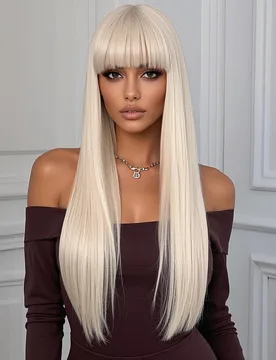 Peluca rubia recta de 26 pulgadas con flequillo, hermosa y romántica. Fibra sintética ligera y transpirable resistente al calor, adecuada para uso d - Shein - FashionsVida