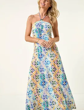 Women's Petite Abstract Gathered Halter Maxi Dress in Blue Size: 16 - Blue - Size: 16 - Roman - FashionsVida