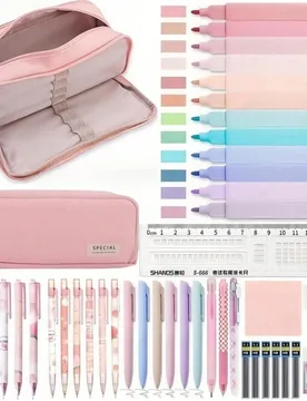 Juego de papelería de lujo de 50 piezas/6 piezas/1 pieza, incluye estuche para lápices de gran capacidad, 6 bolígrafos de gel negros, 6 bolígrafos - Shein - FashionsVida
