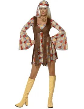 Er 70er Hippie Damenkostüm braun-orange-grau - SMIFFY''S - FashionsVida