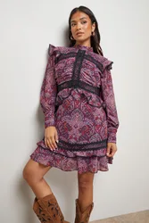 Womens Petite Ruched Bodice Trim Detail Mini Dress - Multicolour - Size 10 Uk