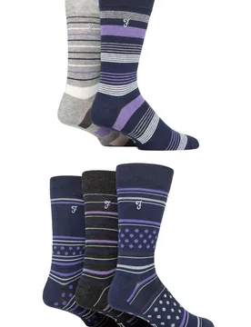 Mens 5 Pair Plain, Striped and Patterned Everyday Bamboo Socks Stripe and Dots Navy / Purple 6-11 Mens - Blue - Size: 6-11 Mens - Farah - FashionsVida