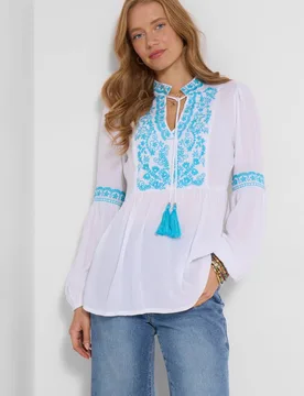 Women's Crinkle Tunic Top with Tassel Tie & Embroidered Detail in White Size: 16 - White - Size: 16 - Joe browns - FashionsVida