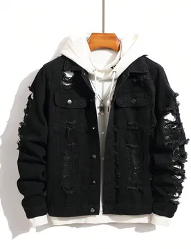 Chaqueta vaquera casual de manga larga con botones delanteros y rasgados, de unicolor, para otoño - Shein - FashionsVida