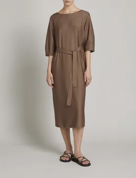 Abito midi con maniche tre quarti MM marrone in ottoman stretch con cintura in abbinata - Max Mara - FashionsVida