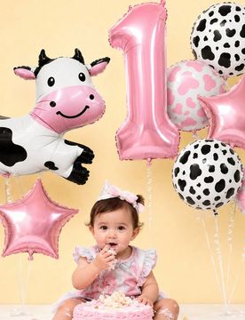 Set de 9 globos de aluminio con diseño de vaca y globo con número rosa para decoración de fiesta de cumpleaños con tema de granja, baby shower, fi