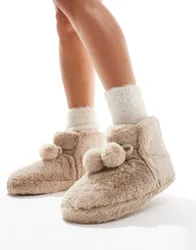Womens Zyla Pom Pom Bootie Slippers In Mink - Grey - Size 9-10 (Uk Shoe)