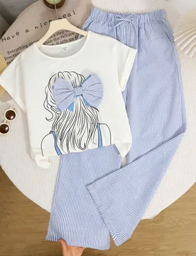 Conjunto de 2 piezas para adolescentes: Camiseta de manga corta holgada con nudo y estampado retrato de punto blanco ajustada + Pantalones de pierna a - Shein - FashionsVida