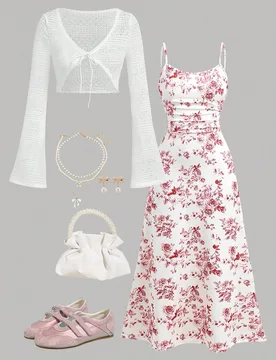 Conjunto de chaqueta de manga acampanada de punto jacquard y vestido de tirantes con estampado floral para adolescentes, dulce y elegante de uso casua - Shein - FashionsVida