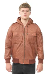 Mens Tan Hooded Bomber Jacket - Tirana - Size X-Large