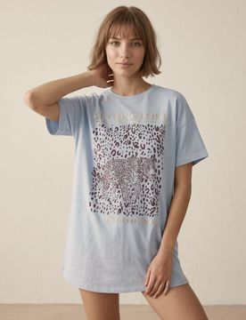 Camicia da notte in cotone con motivo pantera - blu