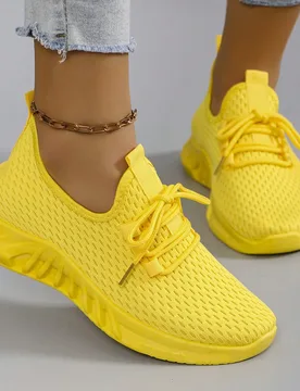 Zapatillas deportivas casuales para mujer de otoño/invierno, de malla transpirable, cómodas, ligeras, con cordones, de unicolor, rosa, brillantes, a - Shein - FashionsVida