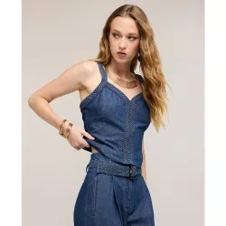 Top de mujer de denim con tirantes entrelazados cierre trasero con cremallera ajuste regular