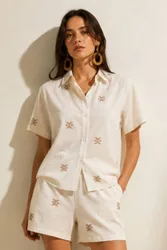 Women's White Embroidered Cotton Shorts Size: 10 - White - Size: 10