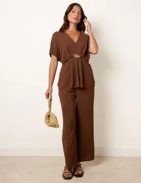Two Piece Buckle Trouser Set - S/M / CHOCOLATE - female - Blue Vanilla - FashionsVida