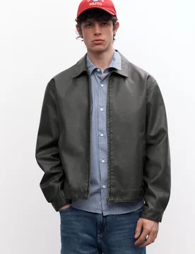 Washed Leather Effect Jacket (Size: ) - Pull&bear - FashionsVida