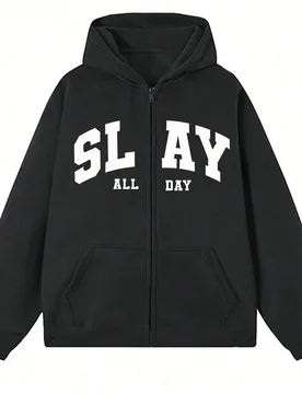 Sudadera con cremallera de manga larga holgada con estampado de letras, estilo de moda callejera, adecuada para primavera, otoño e invierno, estilo p - Shein - FashionsVida