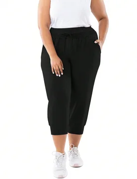Pantalones deportivos de 7/8 de longitud para mujer de talla grande, pantalones de chándal casuales con bolsillos, negros de verano - Shein - FashionsVida