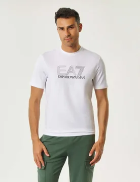 T-shirt bianca in cotone stretch a maniche corte con stampa logo - EA7 - FashionsVida