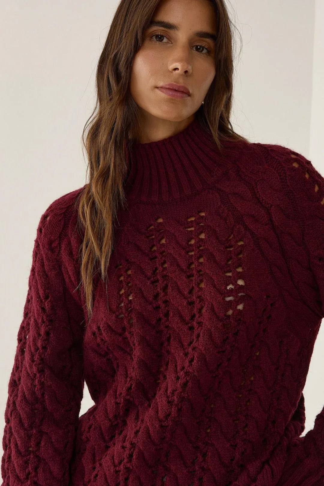Womens Regular Fit Openwork Sweater - Burgundy - Size Medium - Hiccup - FashionsVida