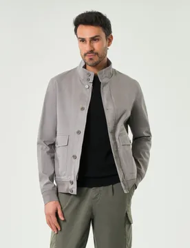 Giubbino grigio in puro lino con chiusura zip e bottoni - Duno - FashionsVida